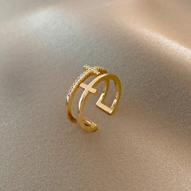 Geometric Gold Cross Double Layer Ring