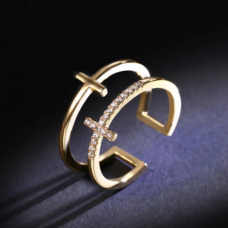 Geometric Gold Cross Double Layer Ring