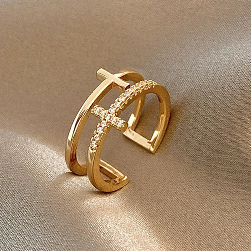 Geometric Gold Cross Double Layer Ring