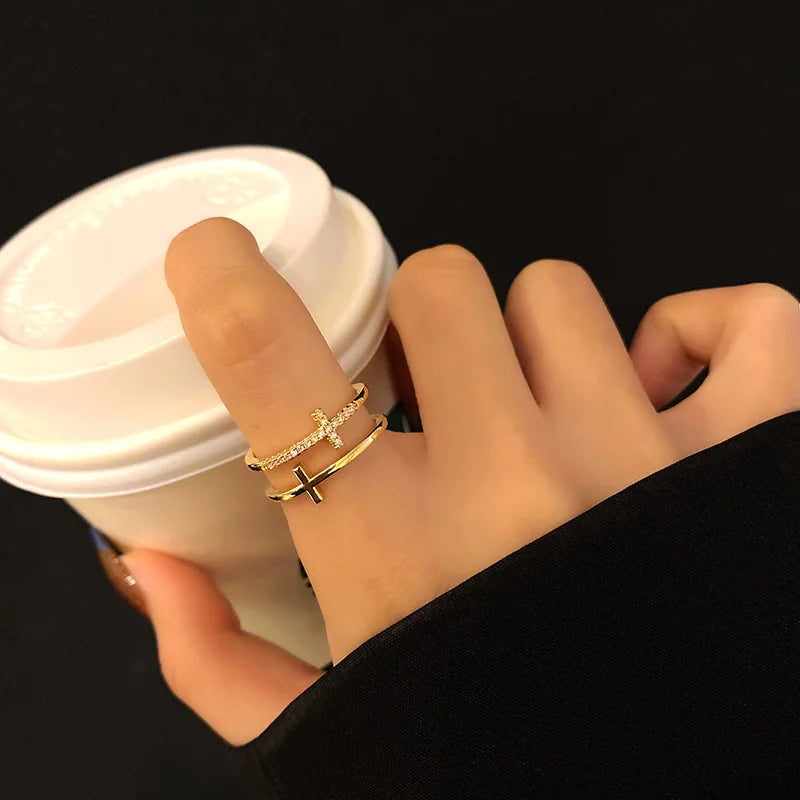 Geometric Gold Cross Double Layer Ring