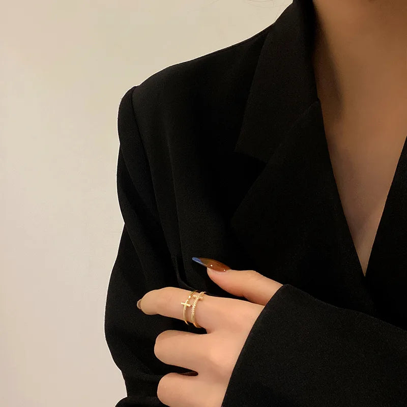 Geometric Gold Cross Double Layer Ring