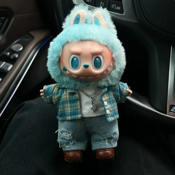 15/17cm Labubu Big Into Energy Doll Casual Plaid Coat Jeans Suit Set Ropa Labubu Accessories