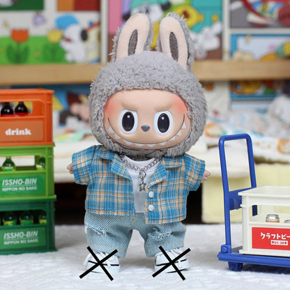 15/17cm Labubu Big Into Energy Doll Casual Plaid Coat Jeans Suit Set Ropa Labubu Accessories