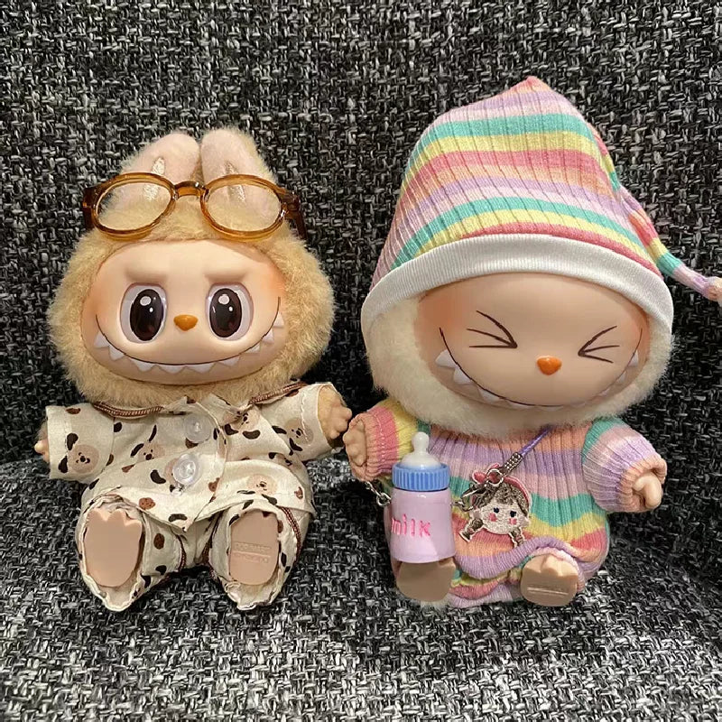 Labubu Silk Spotted Pajamas - Luxe Sleepwear Outfit for 17cm Labubu Doll with Soft Polka Dot Design