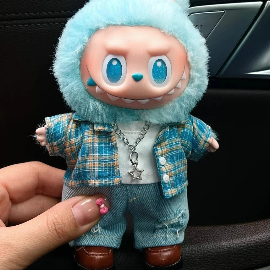 15/17cm Labubu Big Into Energy Doll Casual Plaid Coat Jeans Suit Set Ropa Labubu Accessories